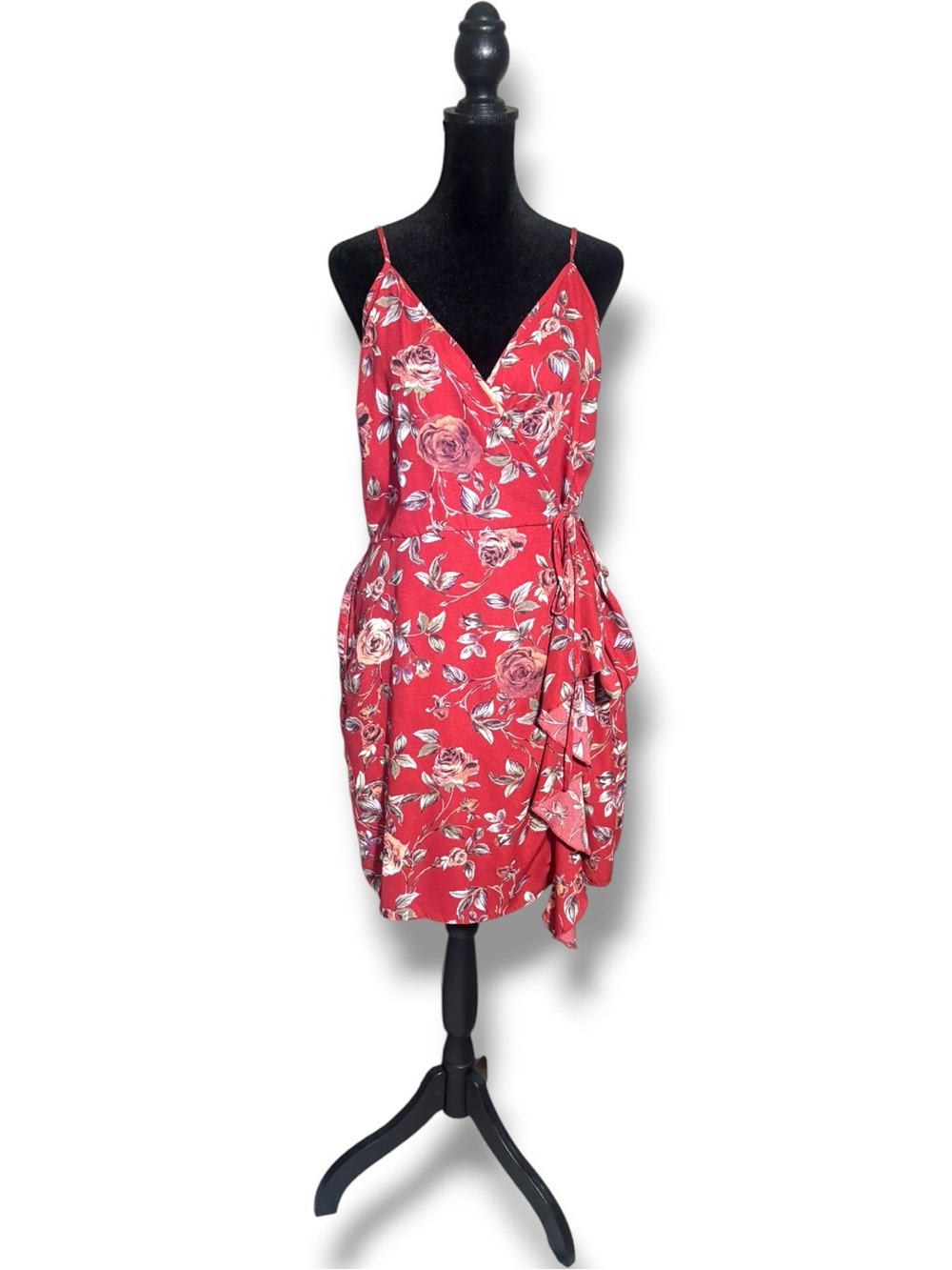 Xhilaration Red/Brown/Green Floral Skinny Strap Wrap Mini Dress with Tie Waist